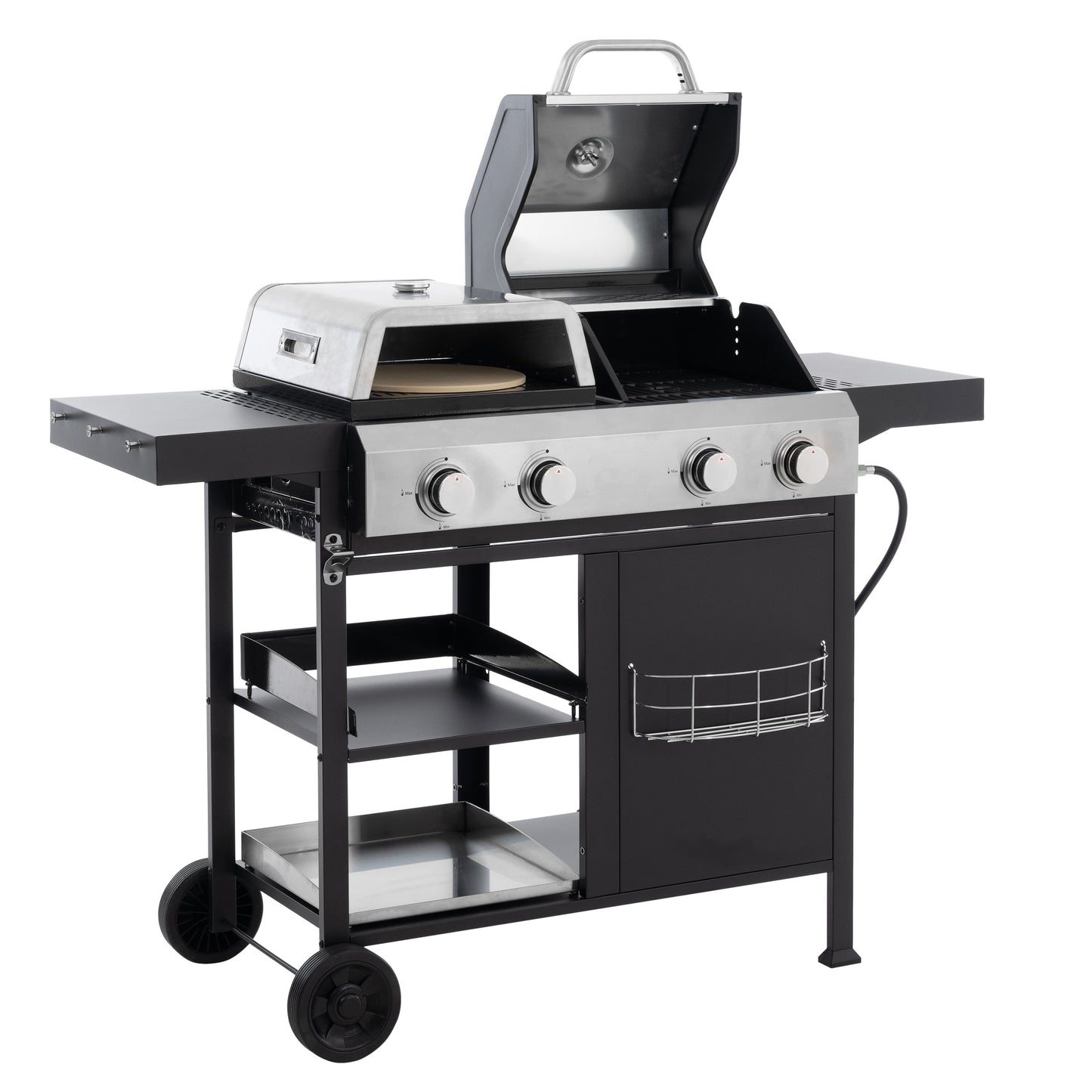 Gas grill and griddle combo side view with four control knobs, open lid, and cart frame