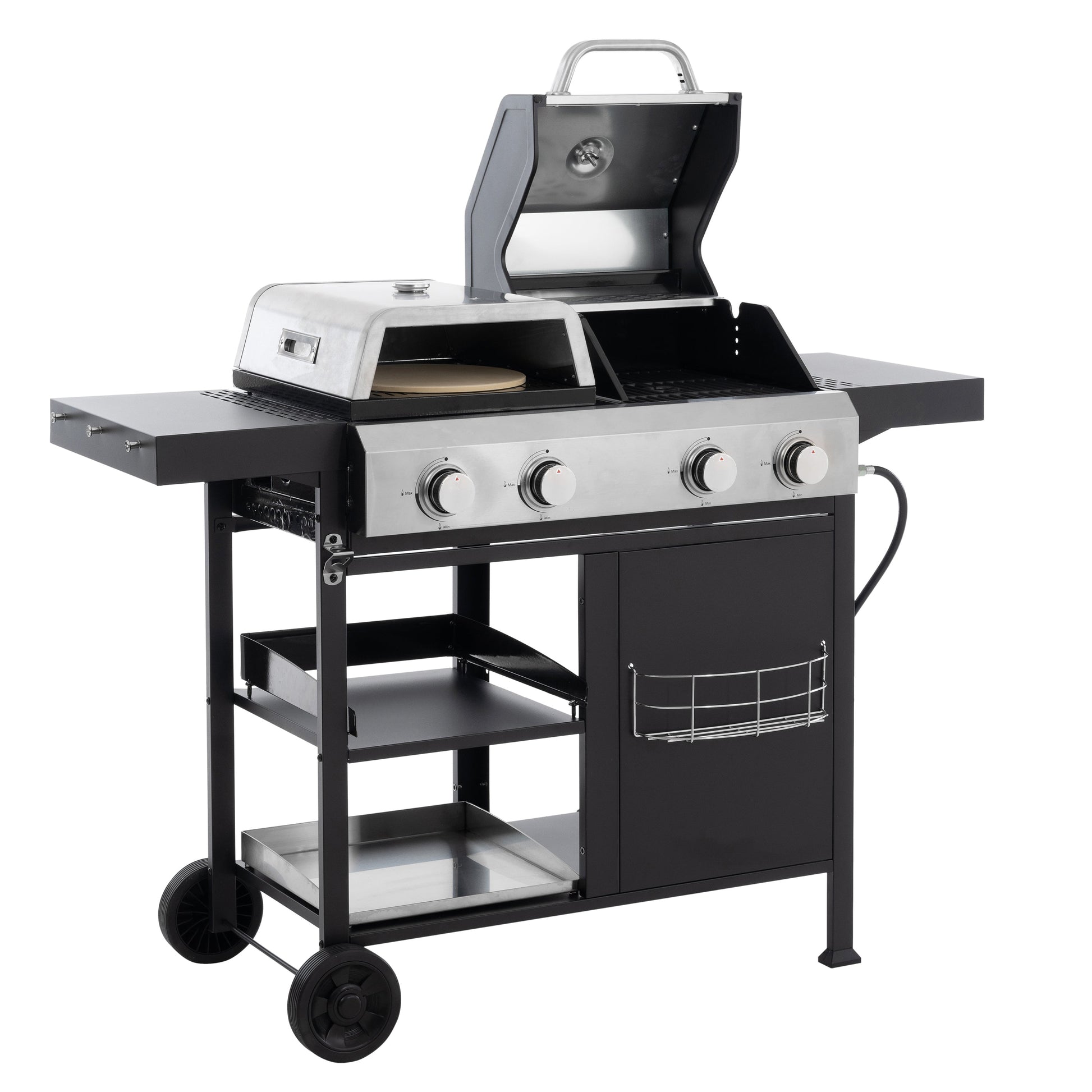 Gas grill and griddle combo side view with four control knobs, open lid, and cart frame