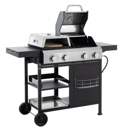 Gas grill and griddle combo side view with four control knobs, open lid, and cart frame