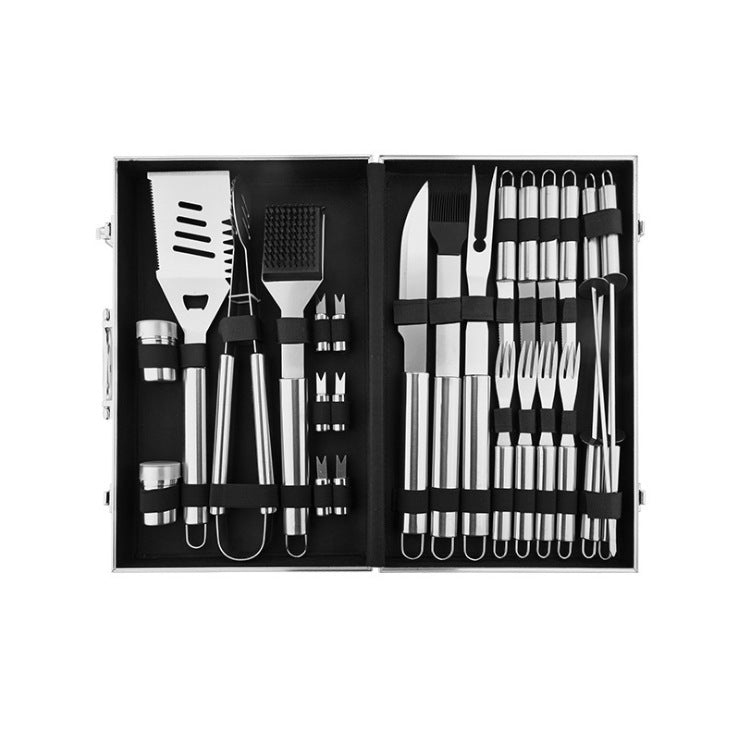 BBQ grill tool set in open aluminum case with stainless forks, skewers, and spatula