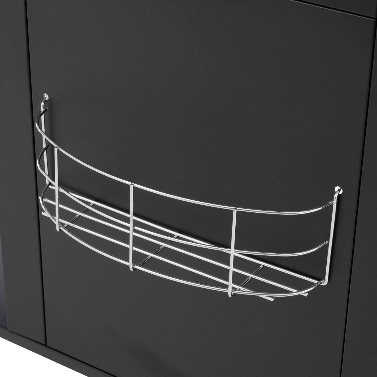 Black grill cabinet with chrome wire storage basket door