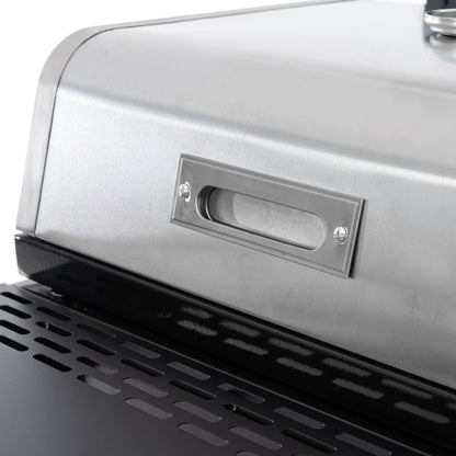 Silver grill lid with built-in handle and rectangular viewing window