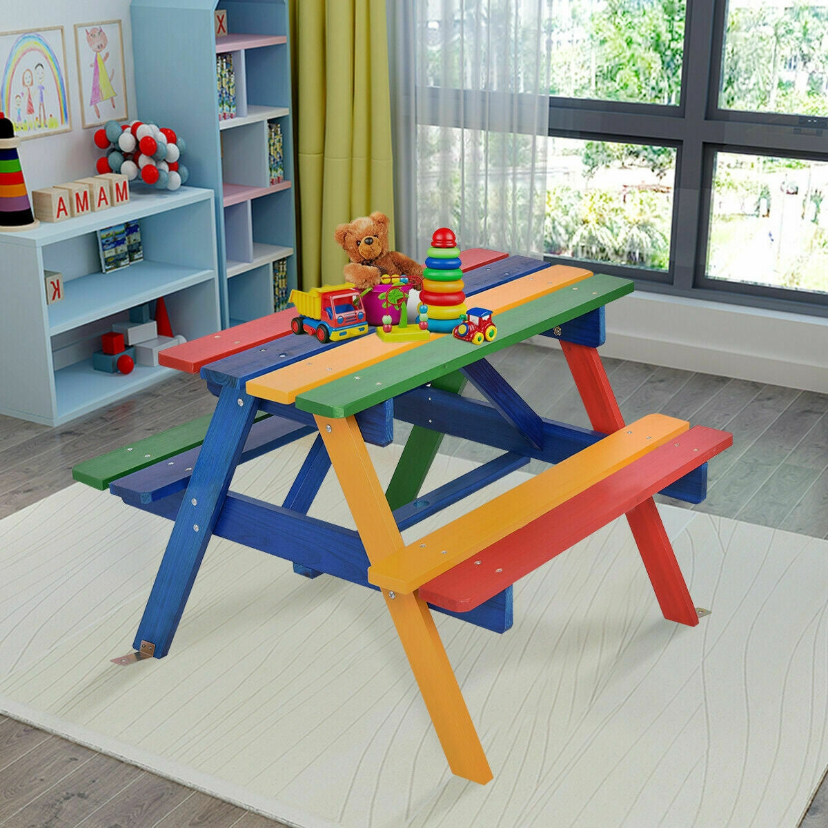 Kids picnic table with multicolor benches and tabletop, upright center support