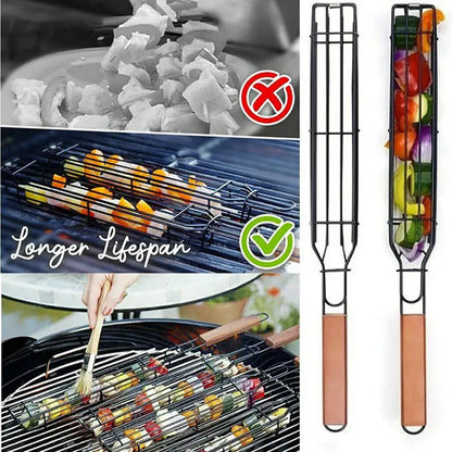 Stainless steel BBQ grilling basket tool with long handle and wire frame