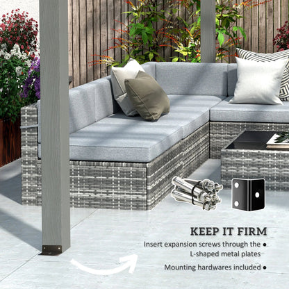 Gray wooden pergola post base with expansion screw hardware and mounting plates