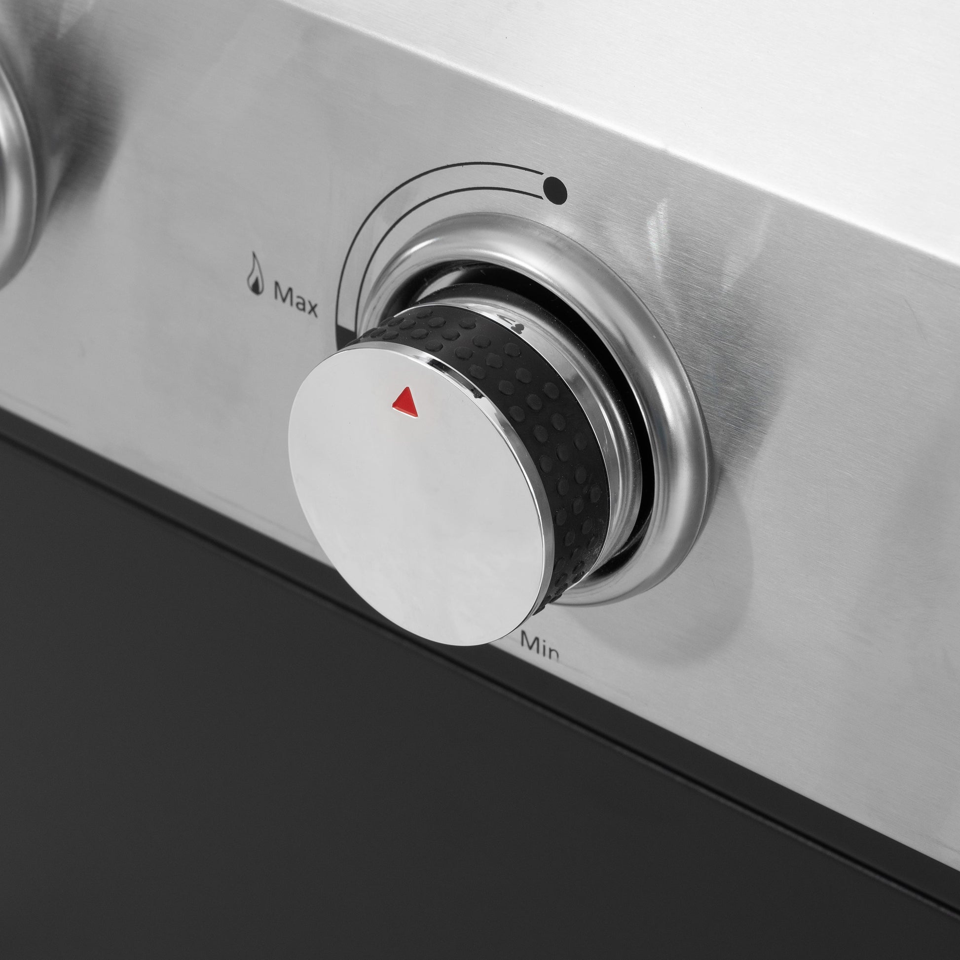 Stainless steel gas grill control knob with Min and Max temperature markings