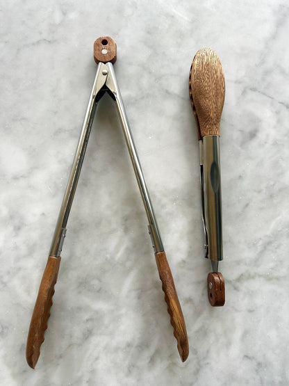 Acacia Wood Kitchen Tongs – 12" & 15" Set with Stainless Steel Handles