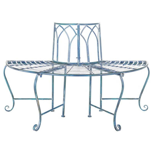 Antique blue wrought iron tree bench with curved slatted seat and scrolled feet
