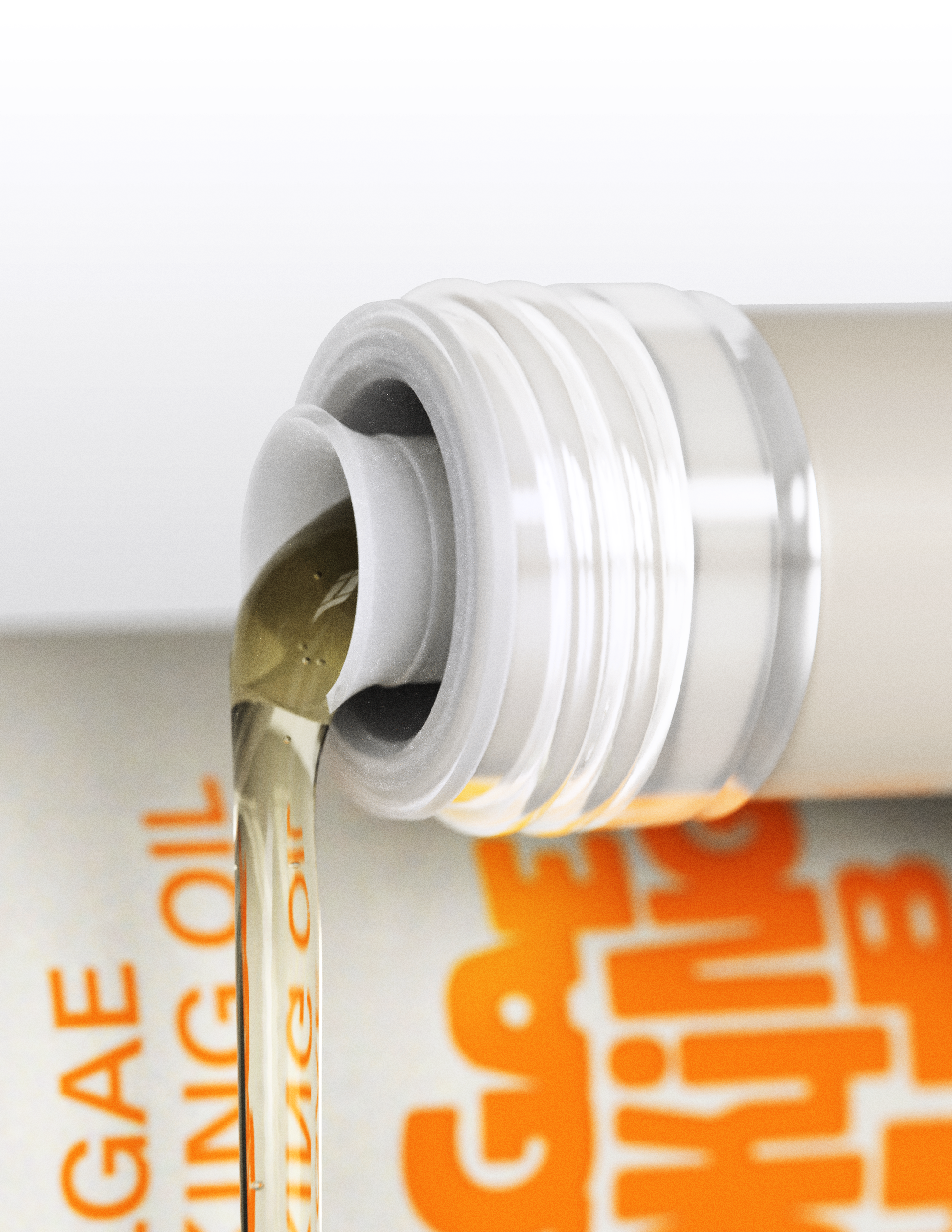 Close-up of algae cooking oil pour from white bottle spout