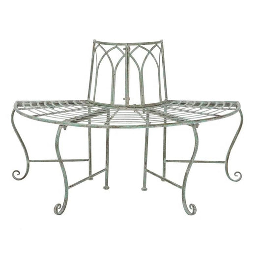 Antique green half-circle wrought iron tree bench with arched back and slatted seat