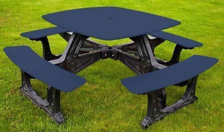 Outdoor dining table with attached benches, dark blue tabletop and seats, black frame