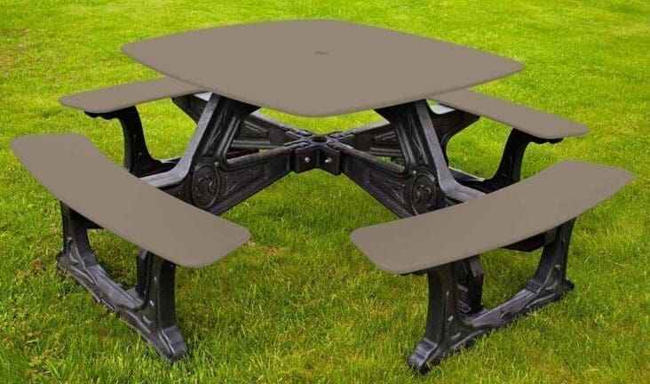 Outdoor bistro dining table with 4 benches, dark brown top and seats, black base