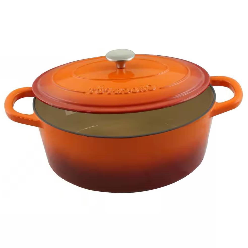 Orange enameled cast iron Dutch oven with domed lid and side handles