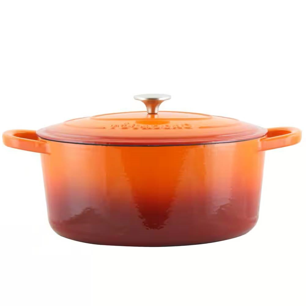 Orange enameled cast iron Dutch oven with domed lid and two loop handles
