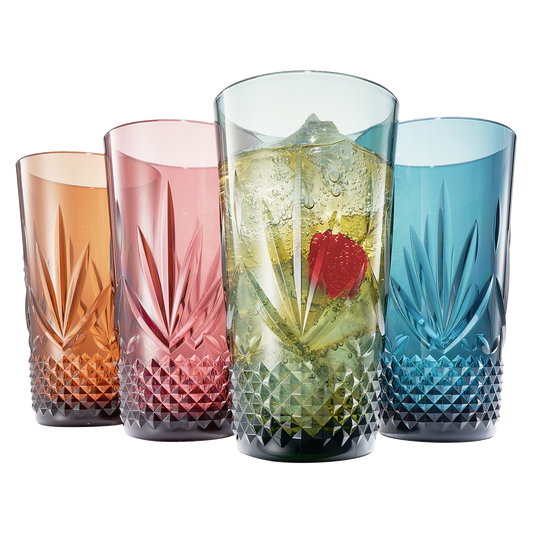 Crystal-cut acrylic highball glasses set of 4, amber, pink, clear green, blue
