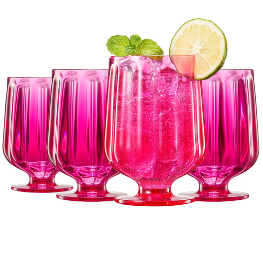 Fuchsia acrylic stemmed wine goblets, set of four, with lemon and mint garnish