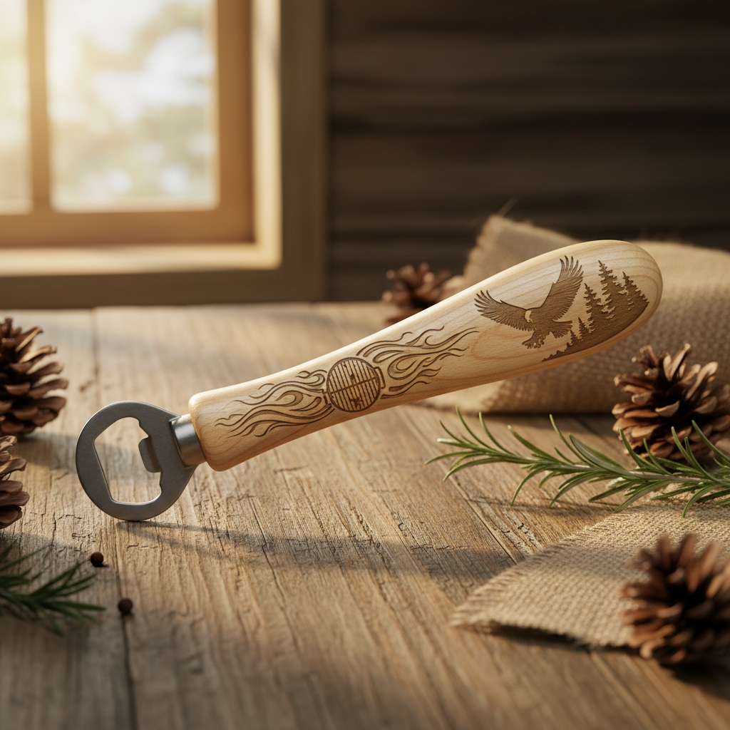Long handle wood bottle opener with laser-engraved eagle and decorative design