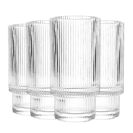 Clear ribbed highball glasses set of 4 with vertical fluted sides and rounded rims