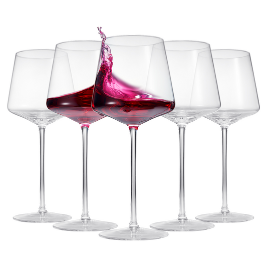 Stemmed wine glasses set of 6 with dark red wine, clear glass bowls