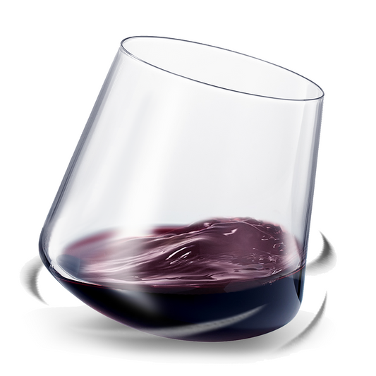 Stemless wine glass with dark red wine, clear glass, rounded rim