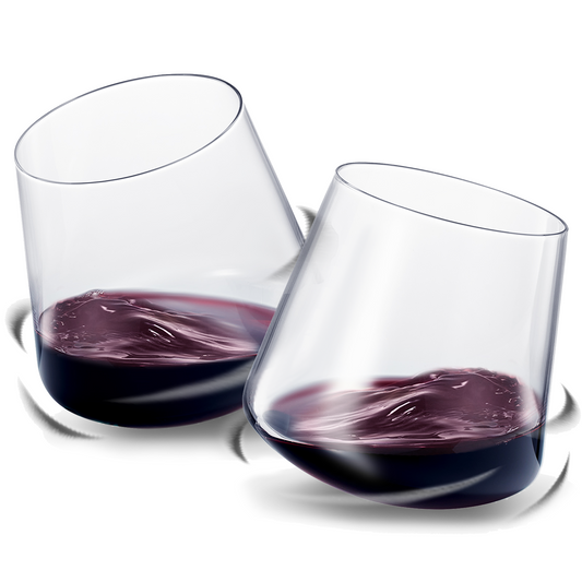 Stemless wine glasses with dark red wine, set of two