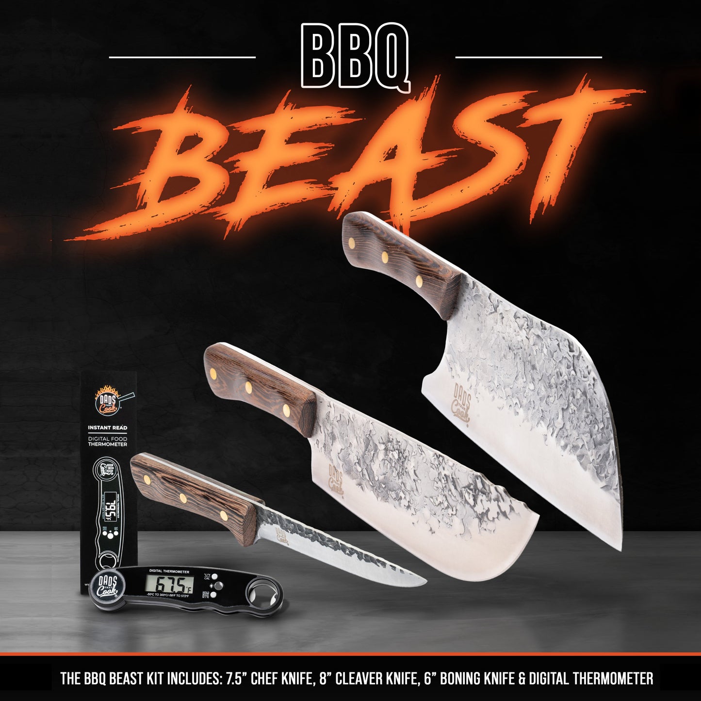 BBQ Beast knife set: 7.5" chef, 8" cleaver, 6" boning knives + digital thermometer