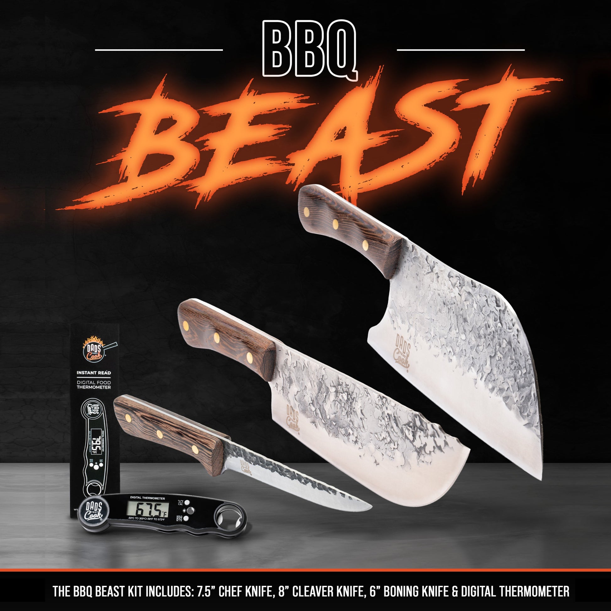 BBQ Beast knife set: 7.5" chef, 8" cleaver, 6" boning knives + digital thermometer