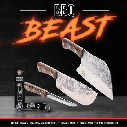 BBQ Beast knife set: 7.5" chef, 8" cleaver, 6" boning knives + digital thermometer