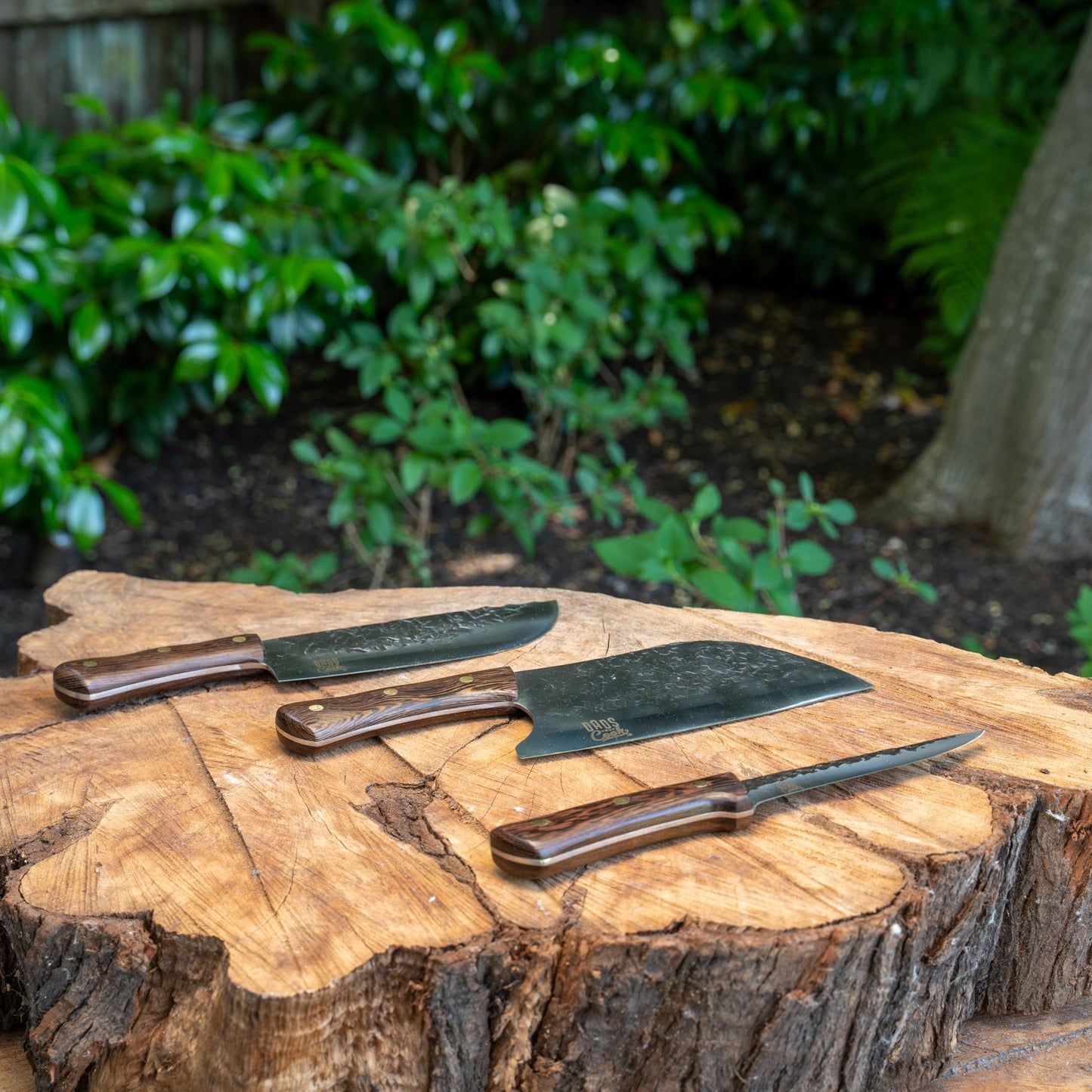 Three stainless knives with wood handles on a log outdoors