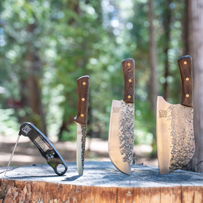 Outdoor BBQ Beast knife set: two knives with wood handles and leather sheaths