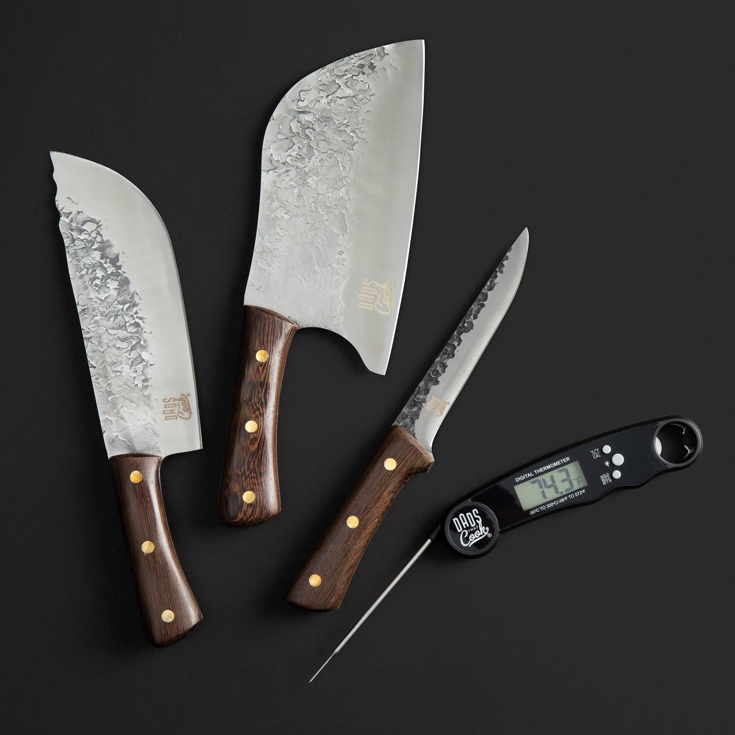 BBQ knife set with three hammered stainless blades, wood handles, and thermometer