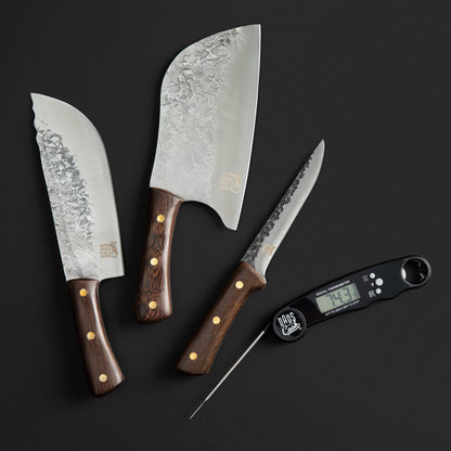 BBQ knife set with three hammered stainless blades, wood handles, and thermometer