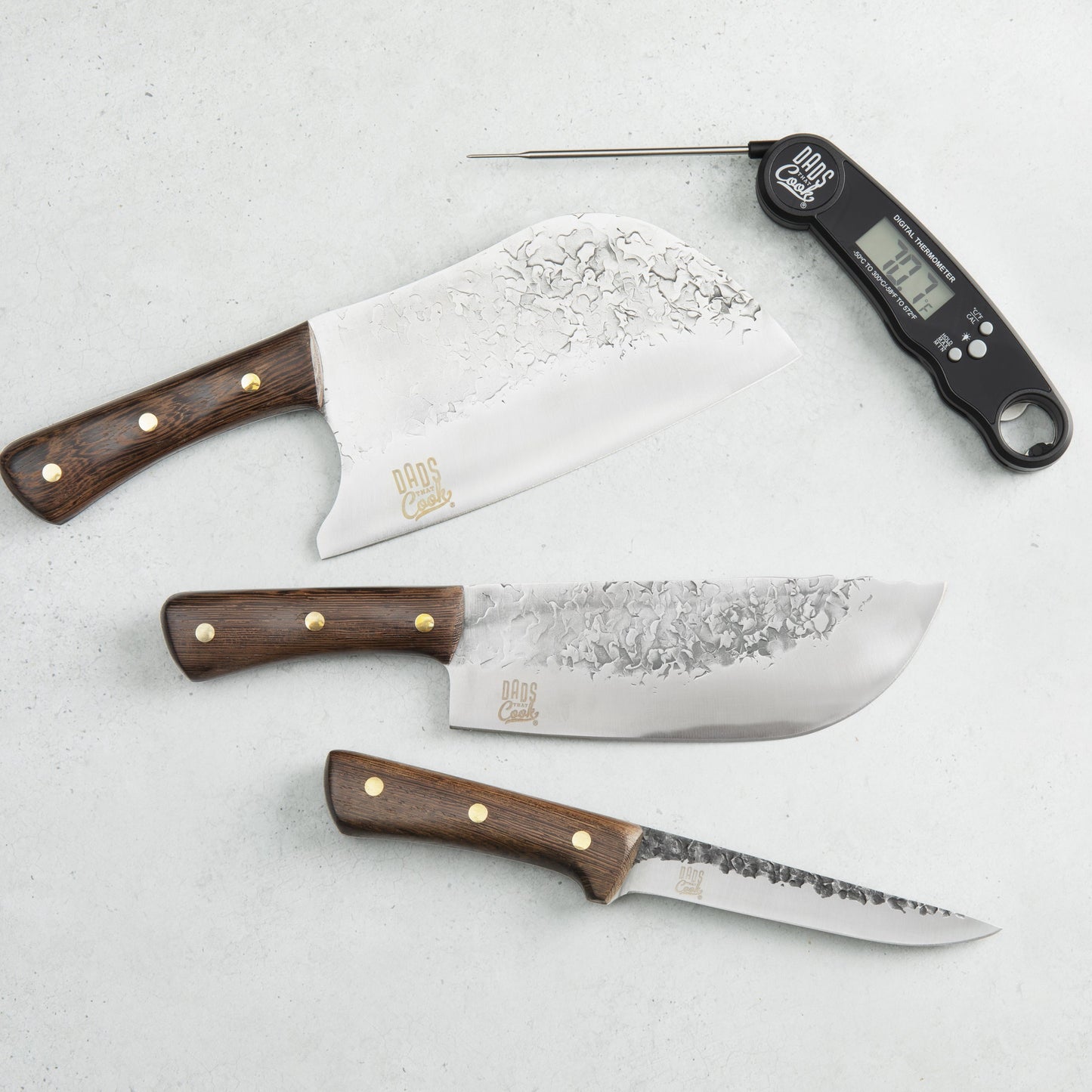 BBQ Beast kit: three hammered stainless knives with wood handles and thermometer tool