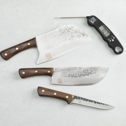 BBQ Beast kit: three hammered stainless knives with wood handles and thermometer tool