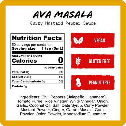 Ava Masala curry mustard pepper sauce nutrition label: vegan, gluten-free, peanut-free.