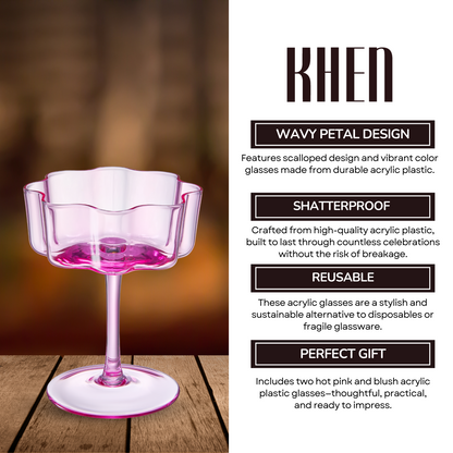 Flower Wave Coupe Cocktail Colored Glasses | Set of 2 | Hot Pink & Blush