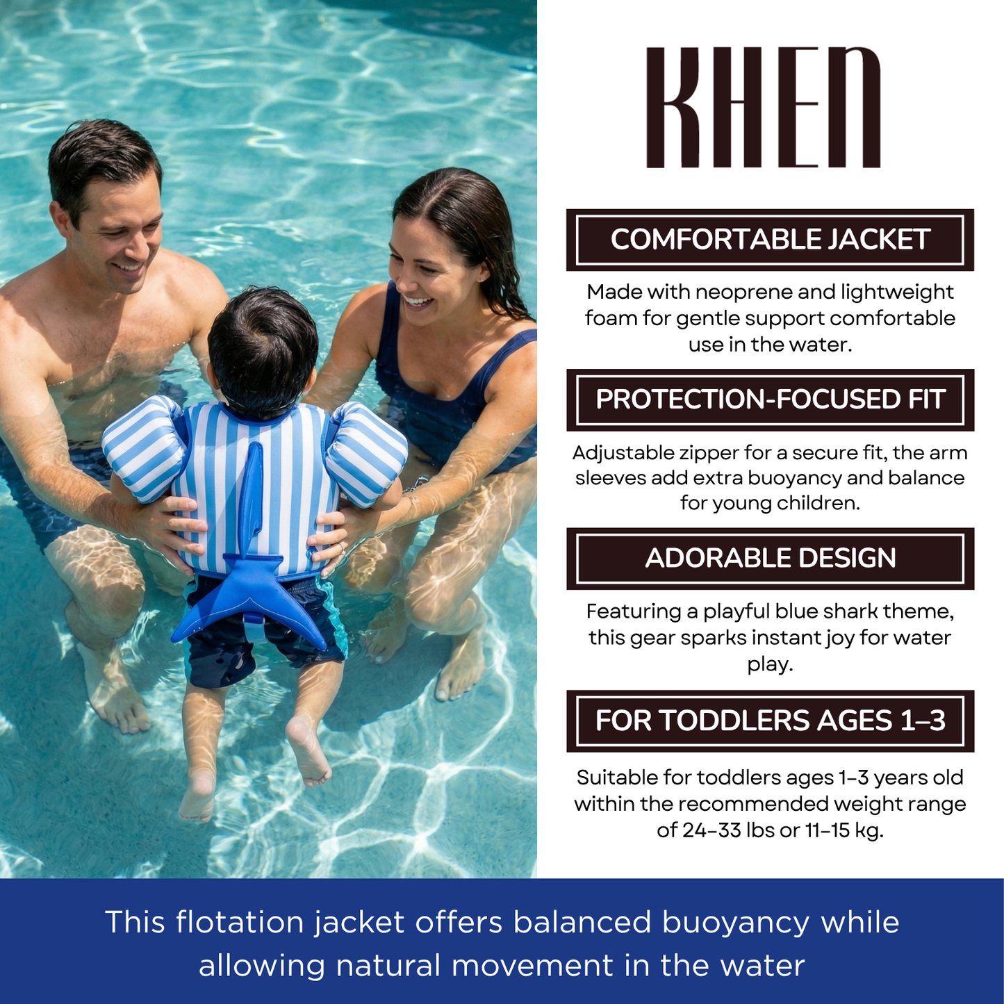 Floating Jackets with Sleeves for Pool or Beach | 1-3 Years | Blue Shark