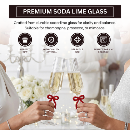 Clear Champagne Glass with Red Bow on Stem, Set of 2