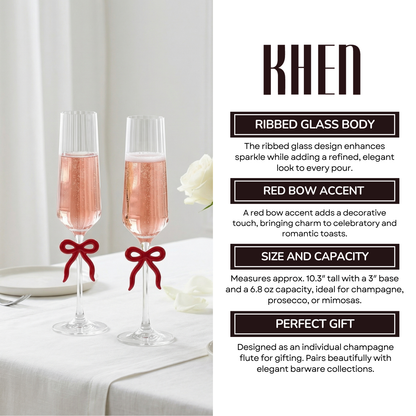 Clear Champagne Glass with Red Bow on Stem, Set of 2