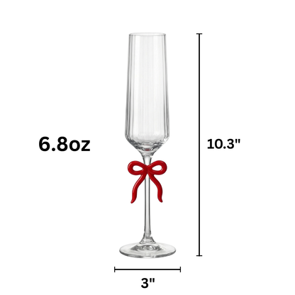 Clear Champagne Glass with Red Bow on Stem, Set of 2