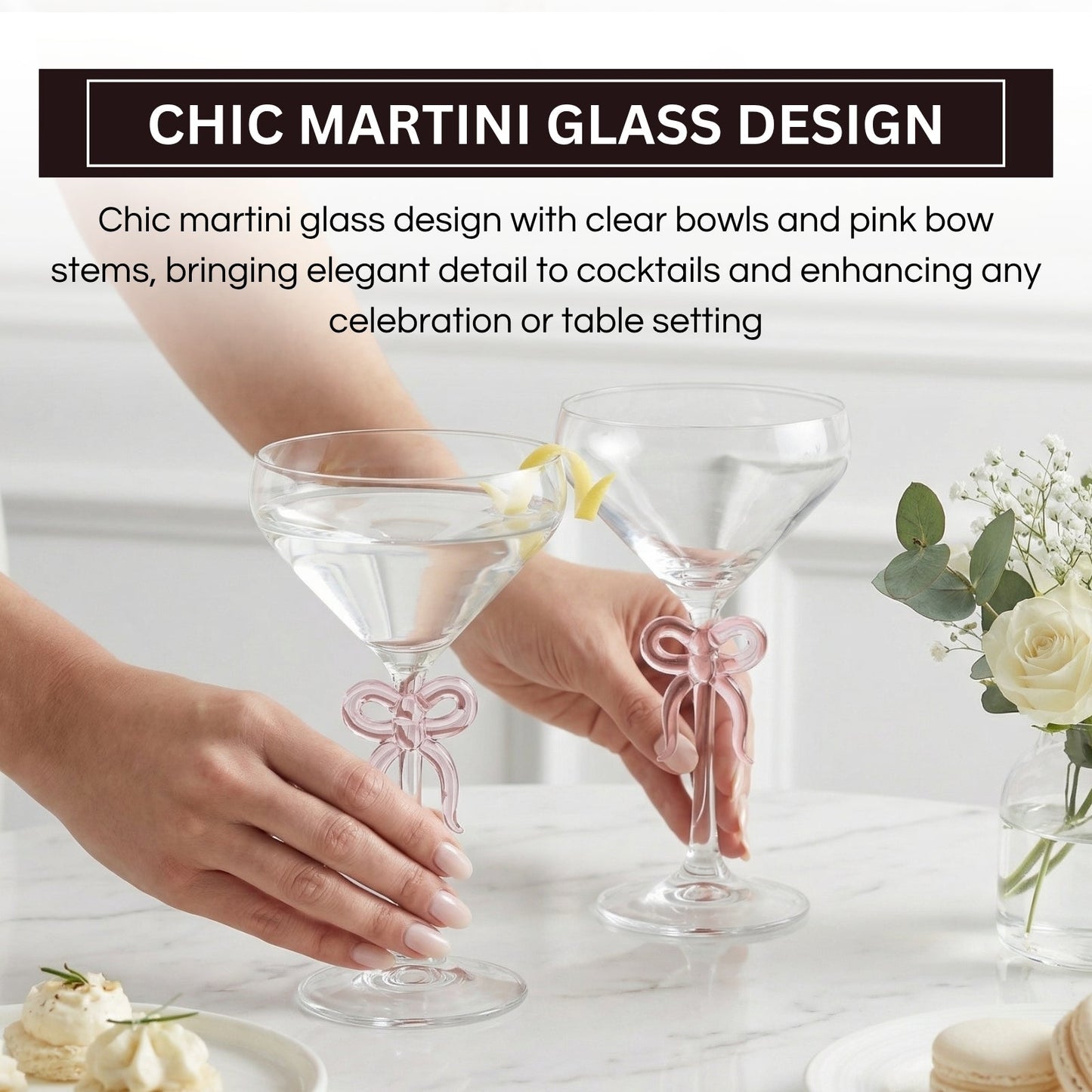 Clear Martini Glass with Pink Bow on Stem, Set of 2