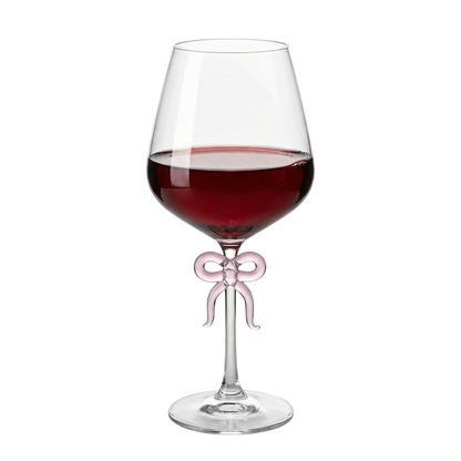 Large Clear Wine Glass with Pink Bow on Stem, One Piece