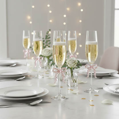 Single Clear Champagne Glass with Pink Bow on Stem, One Piece