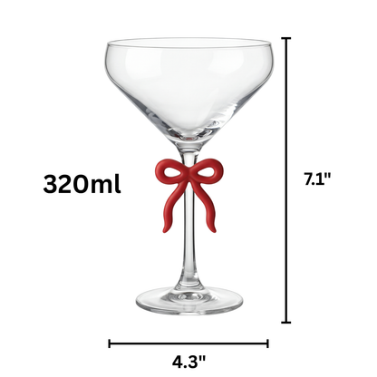 Clear Martini Glass with Red Bow on Stem, Set of 2