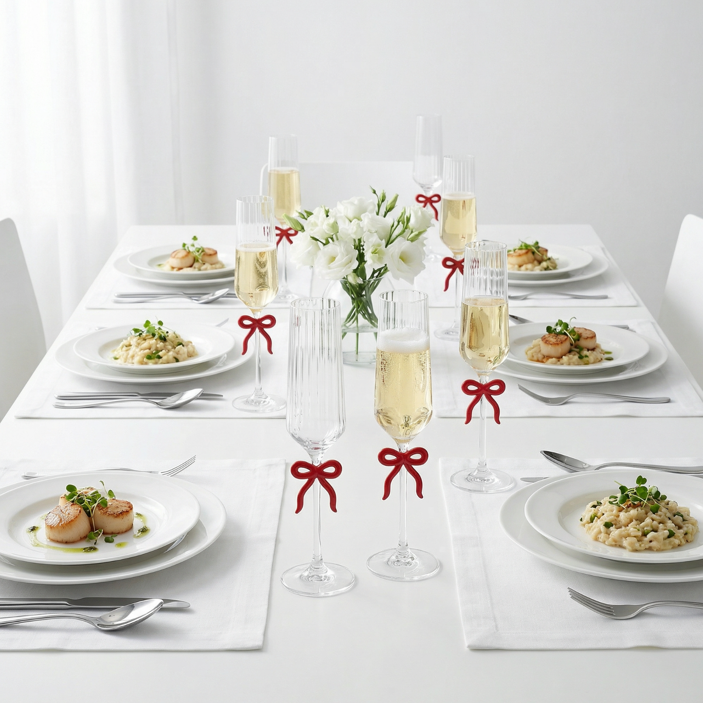 Single Ribbed Clear Champagne Glass with Red Bow on Stem