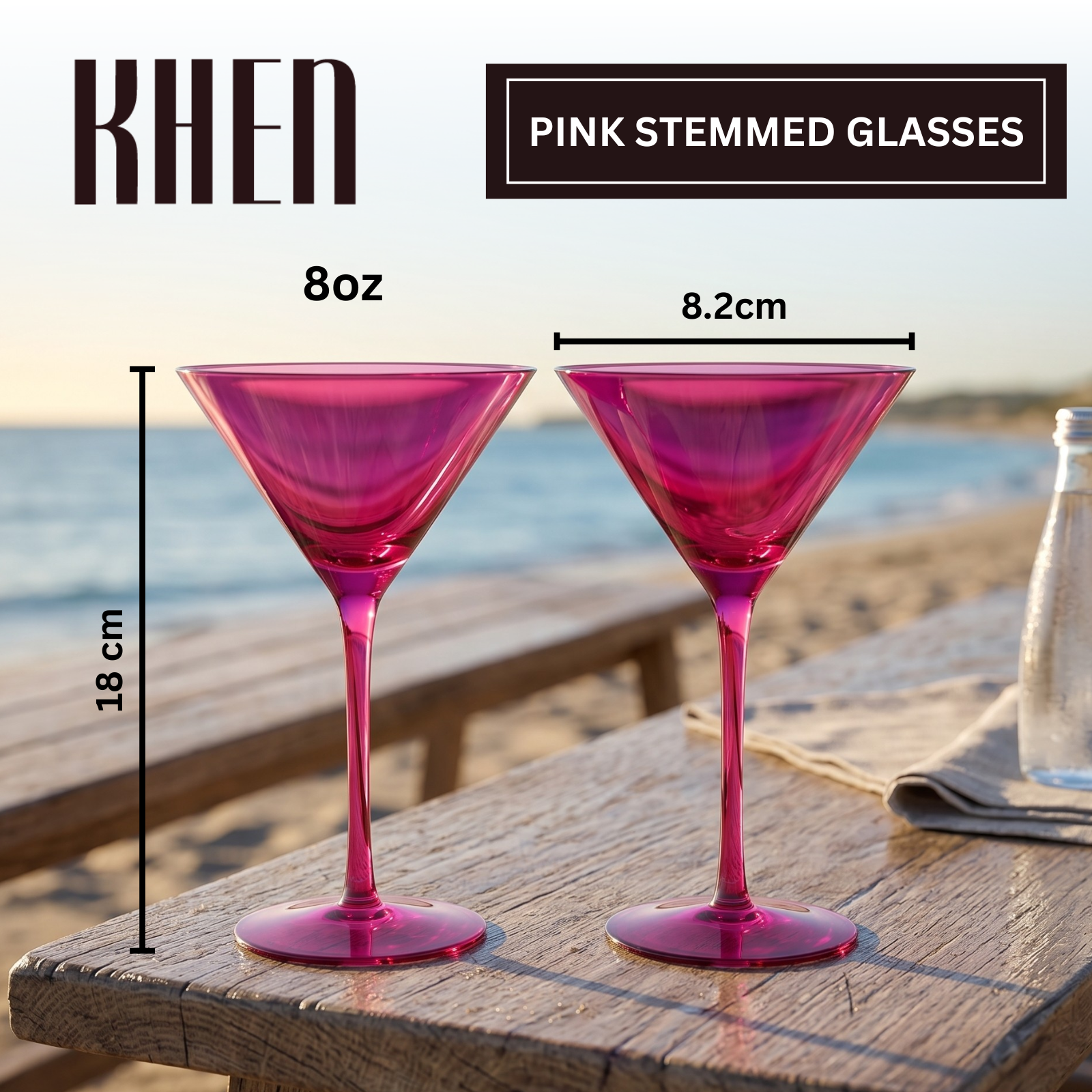 Hot pink martini cocktail glasses with wide bowl and slim stem, set of 2.