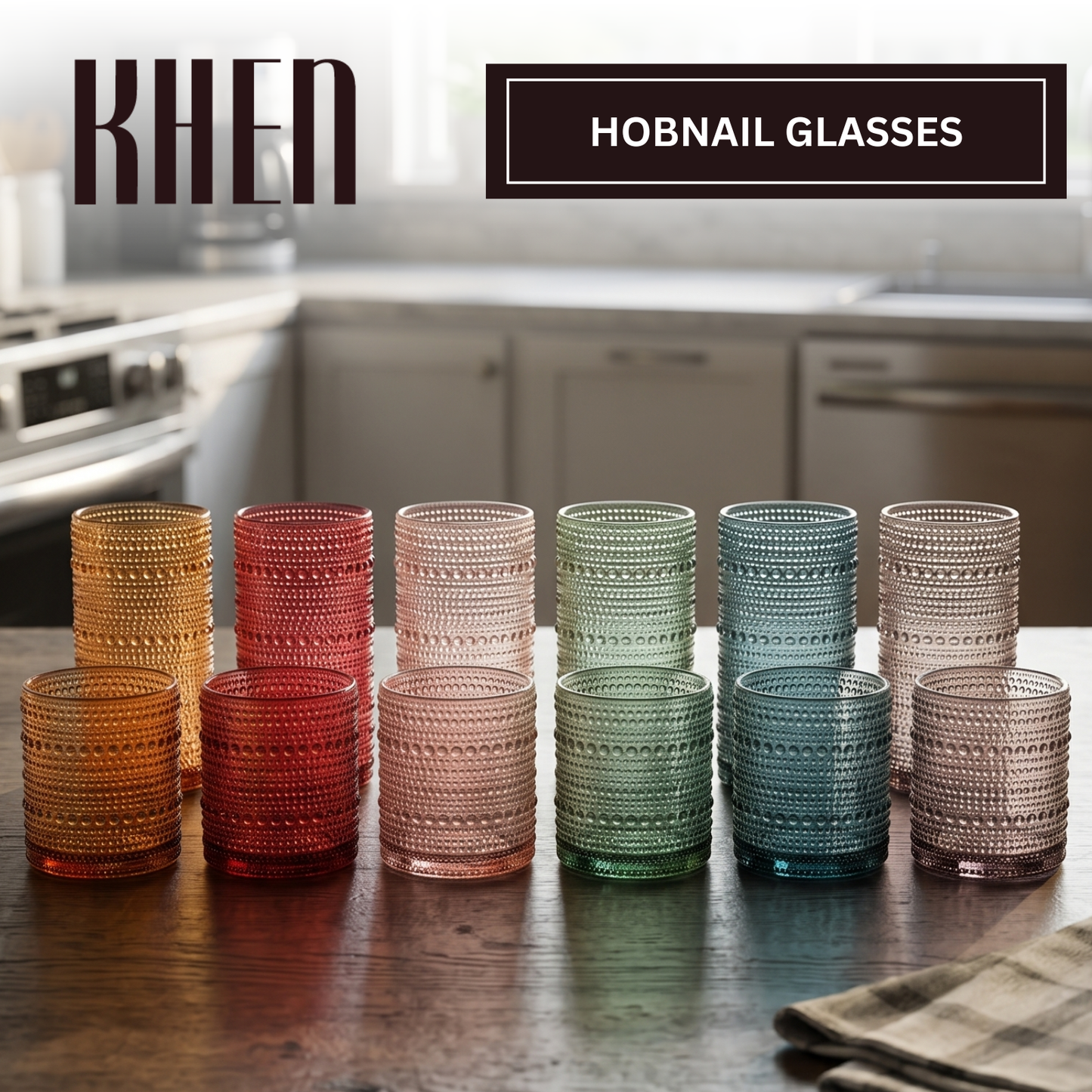 Set of 12 hobnail tumblers, stacked in tonal amber, red, beige, green, and blue