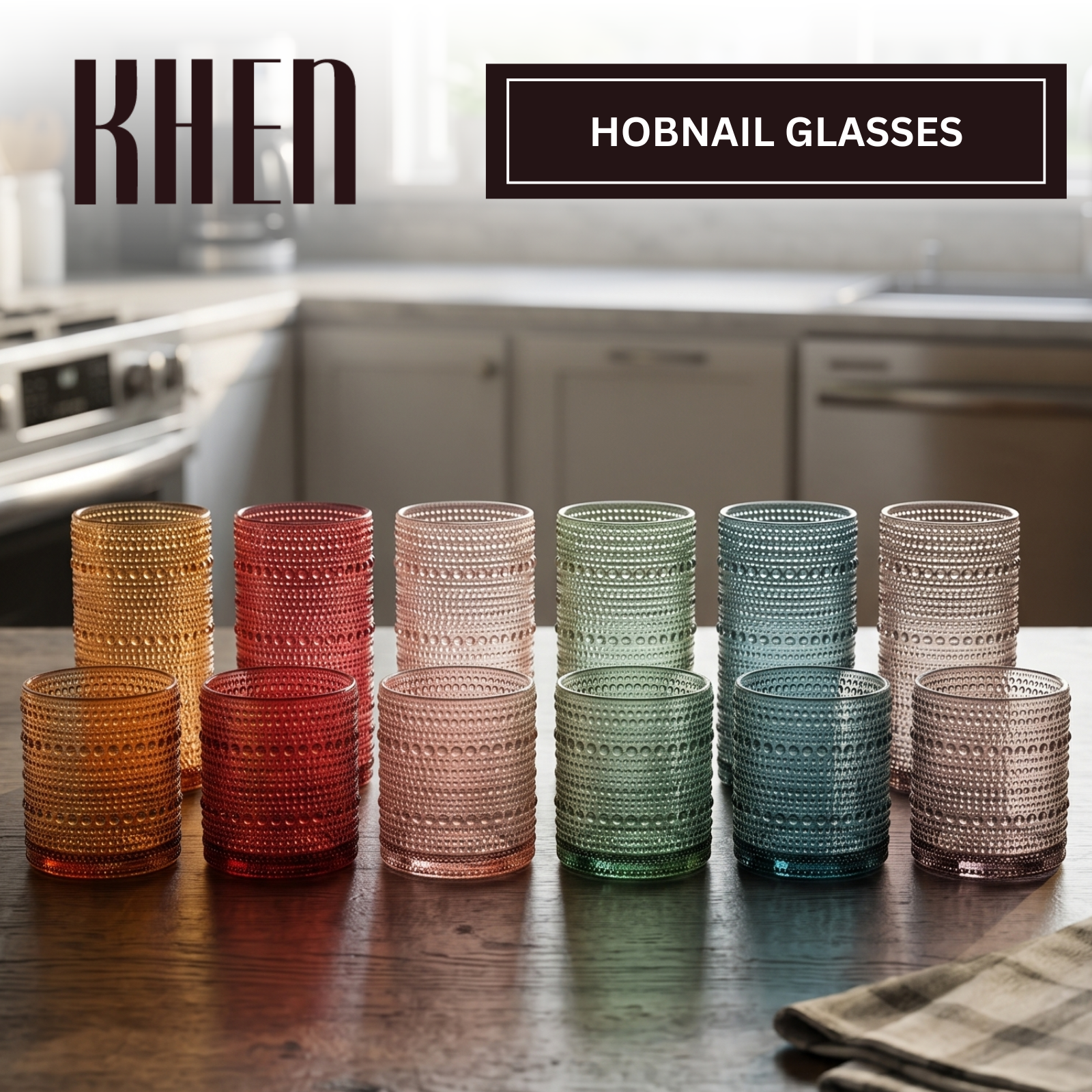 Set of 12 hobnail tumblers, stacked in tonal amber, red, beige, green, and blue
