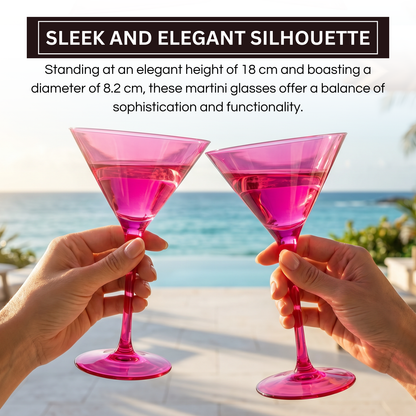 Two hot pink martini glasses held by hands, wide bowl and slim stem, set of 2.