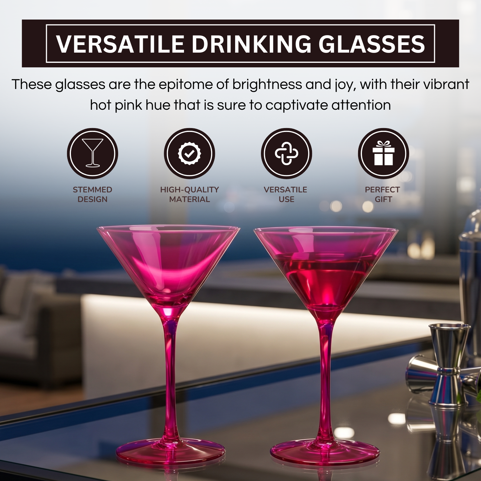 Hot pink stemmed martini glasses with angled bowl, set of 2.